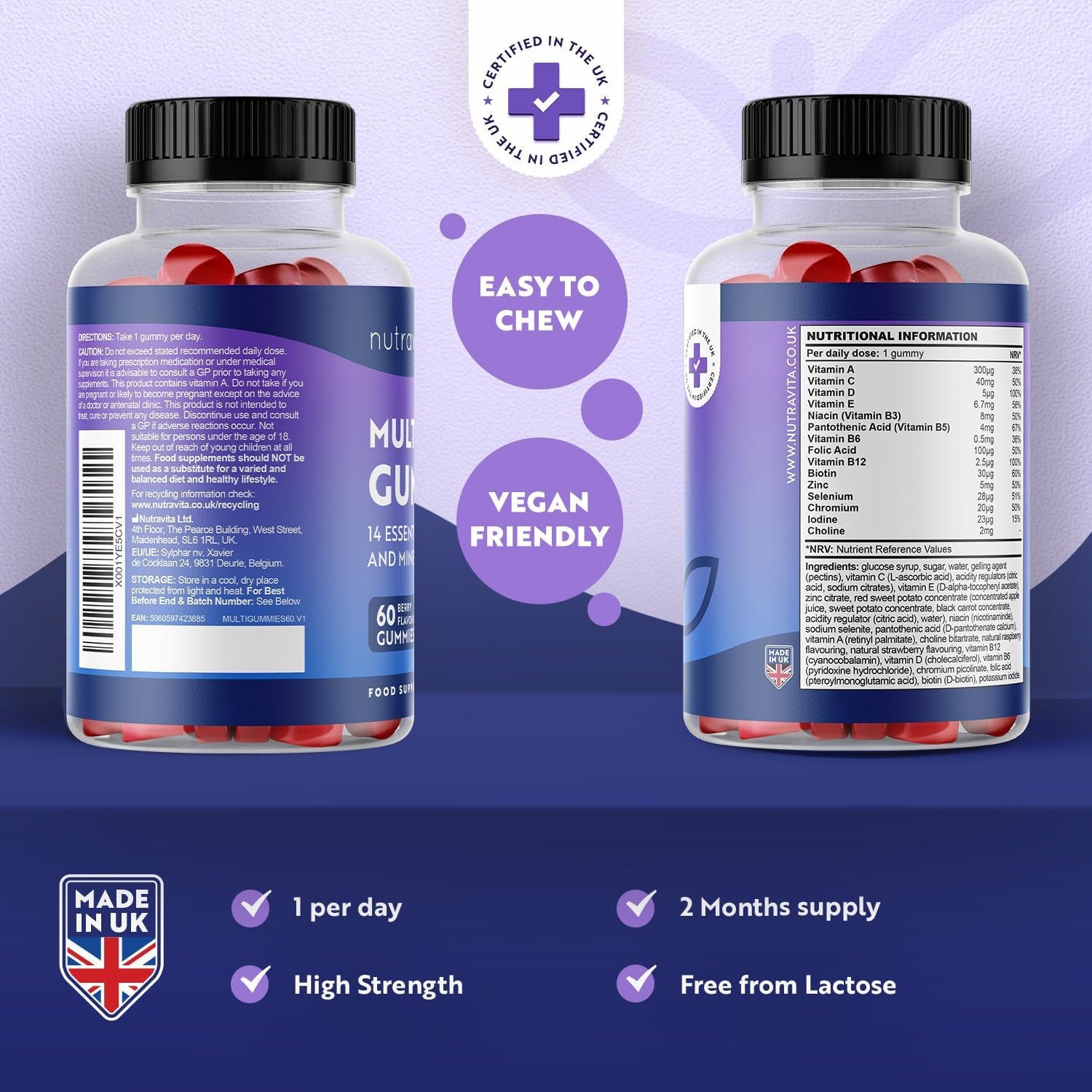 Vegan Multivitamin Gummies for Women & Men – 60 Berry Flavour Chewable Adult Multivitamins (2 Month Supply) Daily Supplement with 14 Vitamins & Minerals Incl. Vitamin C D3 B12 Biotin Zinc – Nutravita
