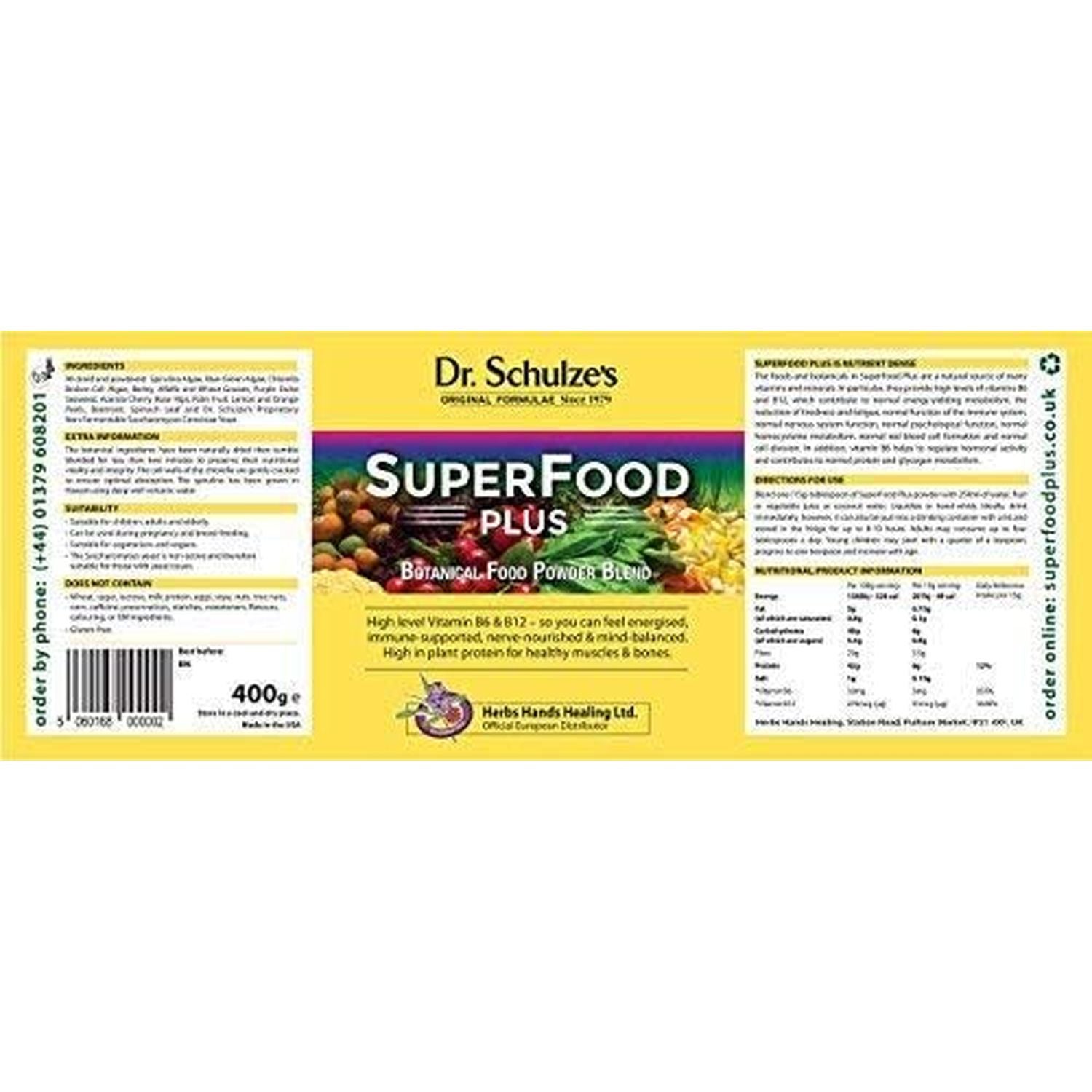 Dr. Schulze'S Original Superfood plus 400G - Vegan, Green, Phytonutritional Smoothy Powder - High Levels of B6, B12 and Protein