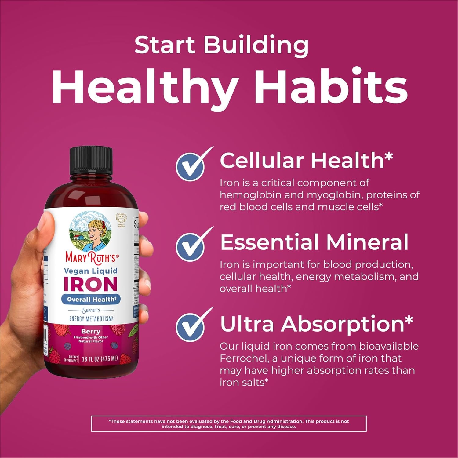 Maryruth Organics, Liquid Iron, Vegan Liquid Iron, 450Ml, Vegetarian, Gluten-Free, Soy-Free, Non-Gmo