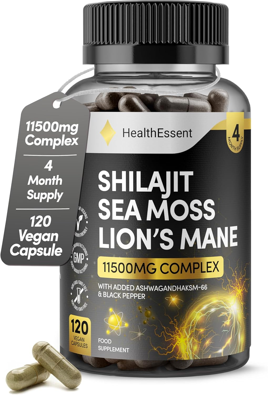 Sea Moss Shilajit Lion Mane 3 in One, with Added Ashwagandha and Black Pepper, 11500Mg Superfood Blend for Vitality & Immunity, Energy and Brain Health - 120 Vegan Capsules by Healthessent