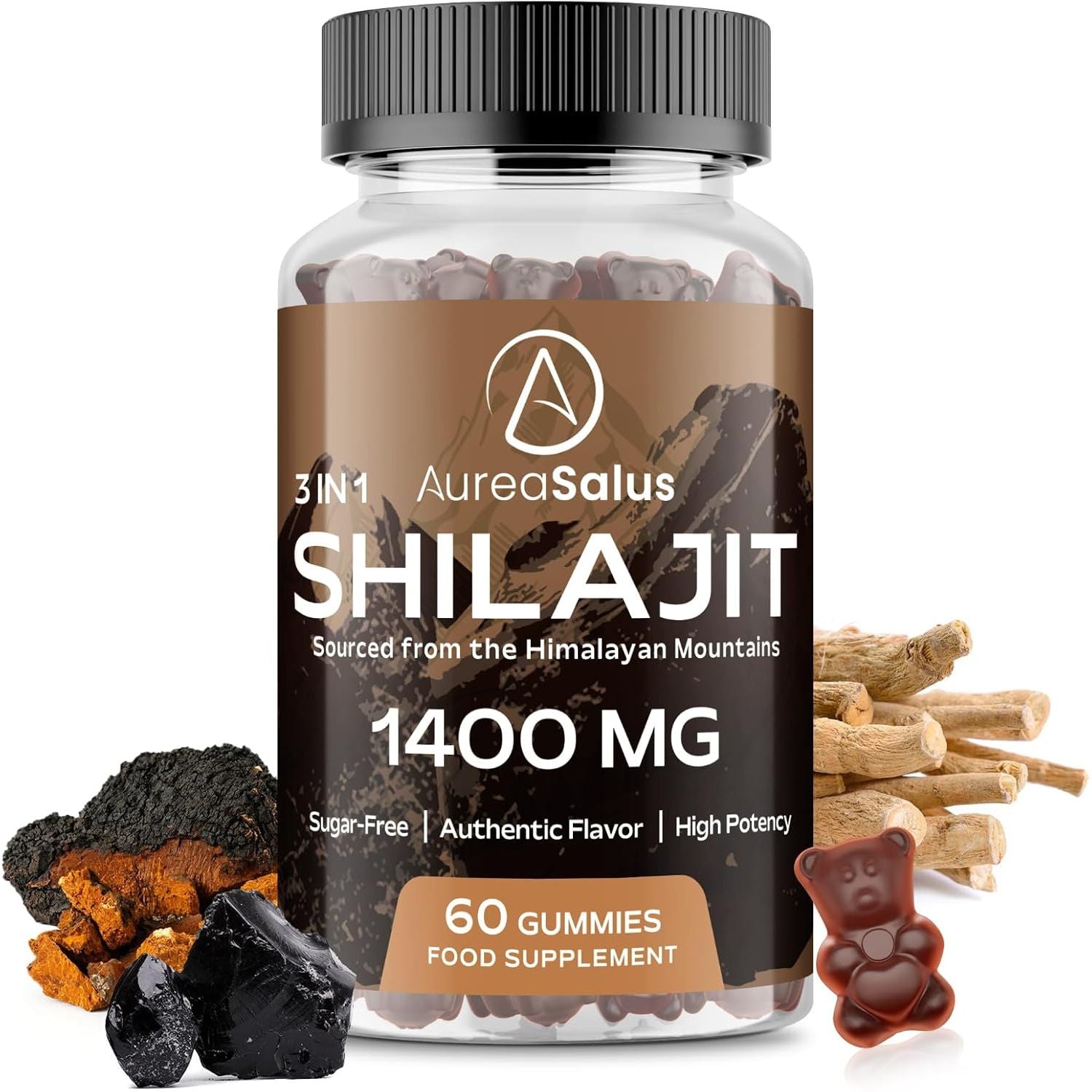 Shilajit Gummies 1400Mg – Pure Himalayan Complex with Ashwagandha, Chaga, Fulvic Acid & 85+ Trace Minerals – Vegan & Sugar-Free – 60 Gummies