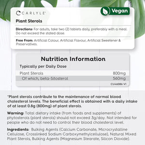 Plant Sterols High Strength 800Mg | 90 Tablets | with Beta-Sitosterol | Vegan and Vegetarian | by Carlyle