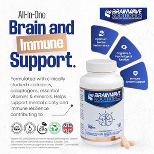Brainwave Nootropics® | High Strength Nootropic & Adaptogen Brain Function & Immune System Support Complex | Ashwagandha 1000Mg - Lion'S Mane 1000Mg - L-Theanine 300Mg - Vitamins D3, B5, B12, Zinc