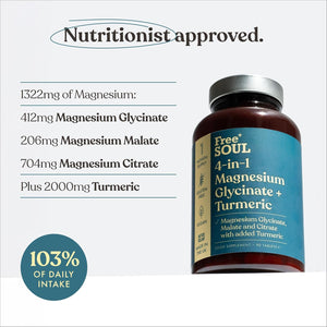 Magnesium Glycinate + Turmeric 4-In-1 Complex | Triple-Strength Magnesium Supplements with 1283Mg, Bisglycinate, Citrate, Malate & 2000Mg Turmeric | 90 Vegan Tablets | Gluten-Free