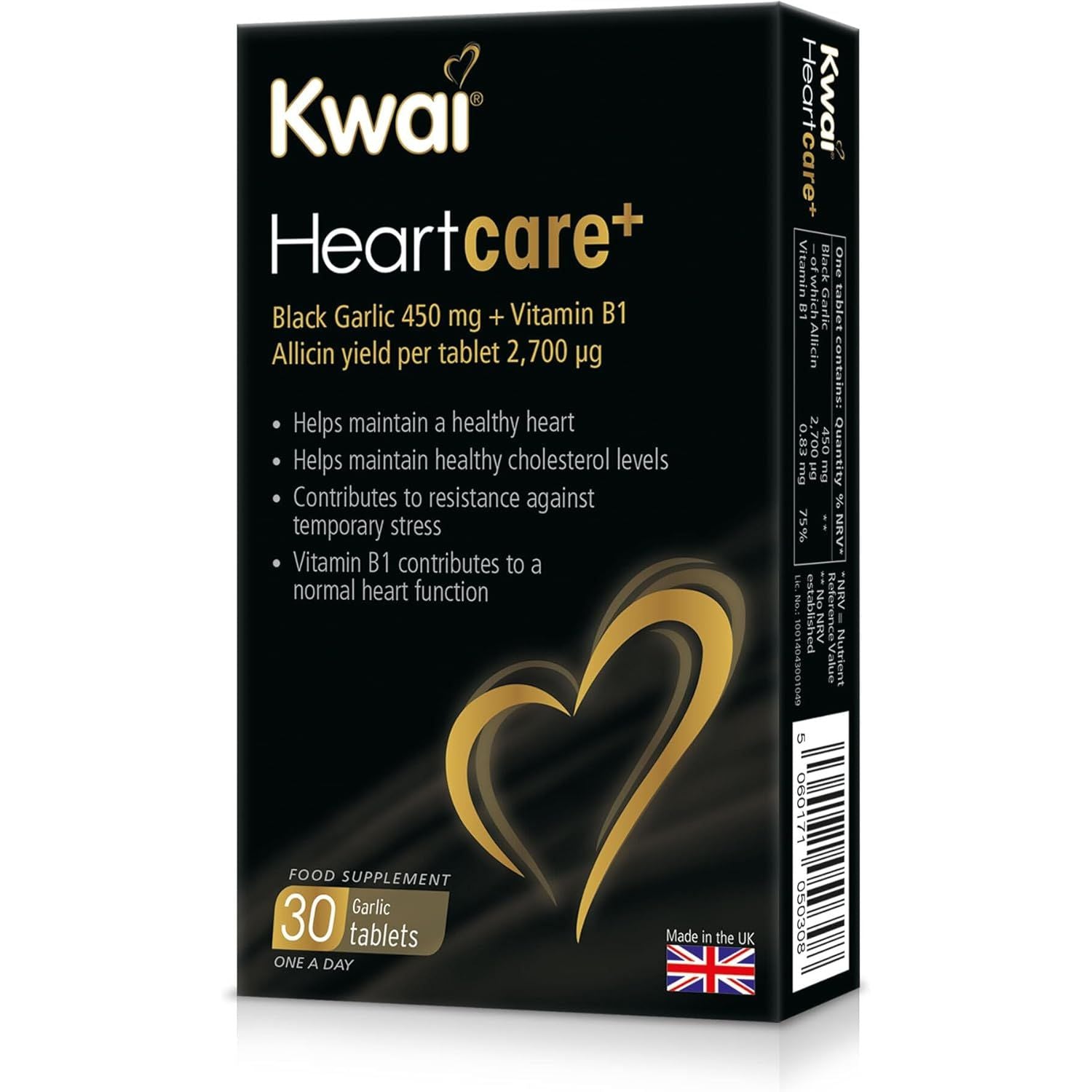 Kwai Heartcare+ Black Garlic | Garlic Capsules Odourless & Vitamin B1 I Healthy Cholesterol Levels and a Healthy Heart, Rich in Antioxidants | 450Mg Garlic per Tablet | 30 Tablets
