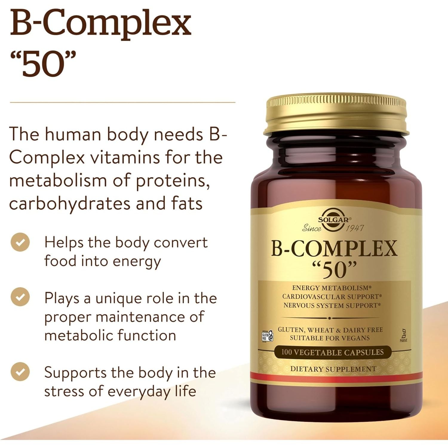 Solgar Vitamin B-Complex 50 High Potency - Supports Mental Performance - Reduces Tiredness & Fatigue - Vegan - 100 Vegetable Capsules