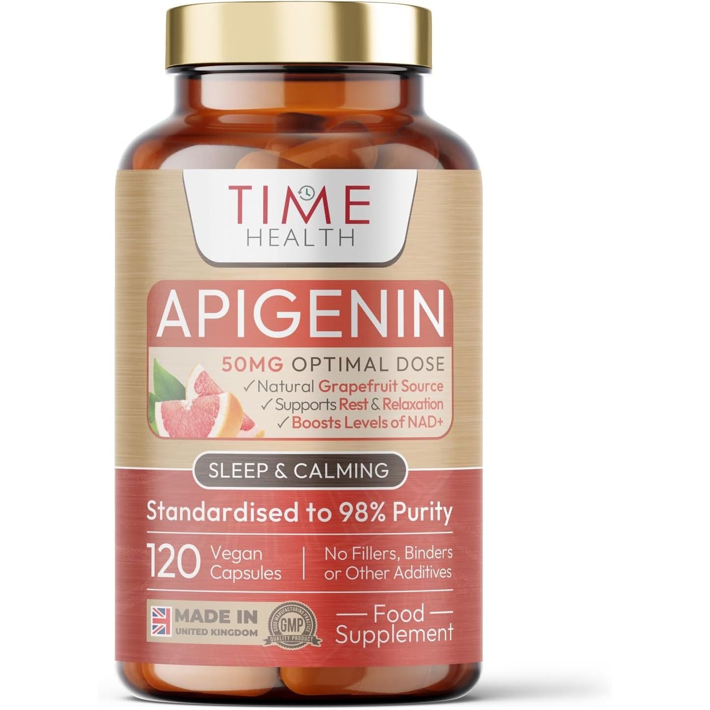 Apigenin - 50Mg X 120 Capsules - 98%+ Purity - Optimal Dose for Sleep & Relaxation Support - NAD+ Booster - Grapefruit Source - UK Made - GMP Standards - Zero Additives (120 Count (Pack of 1))