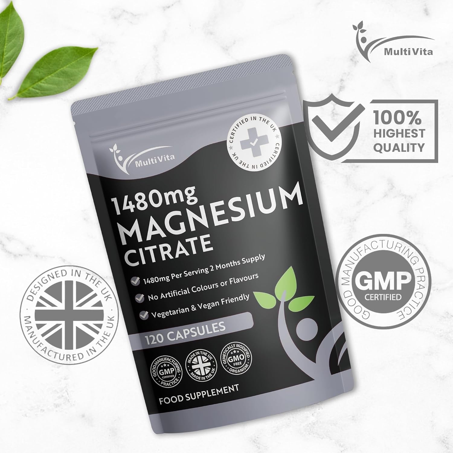 Magnesium Citrate 1,480Mg 120 Vegan Capsules 2 Months Supply - Providing 440Mg Elemental Magnesium per Serving - Magnesium Capsules Not Magnesium Tablets - High Strength Magnesium Supplement GMO Free