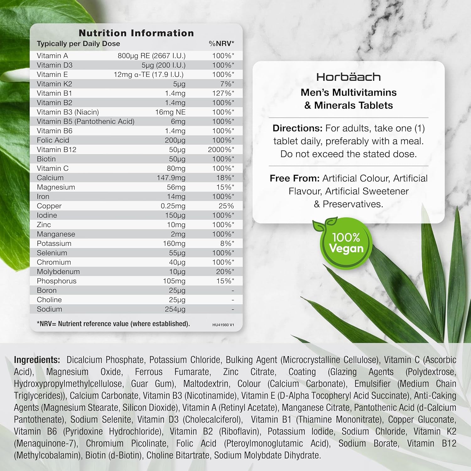 Multivitamin Tablets for Men | 180 Count | 28 Essential Nutrients | with Zinc, Magnesium, Vitamin D3, B12 and More! | Vegan Supplement | by Horbaach