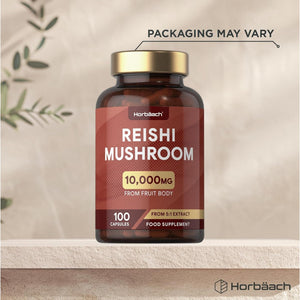 Reishi Mushroom Capsules 10,000Mg | Red Reishi Extract (5:1) | High Strength Supplement | 100 Powder Capsules | by Horbaach
