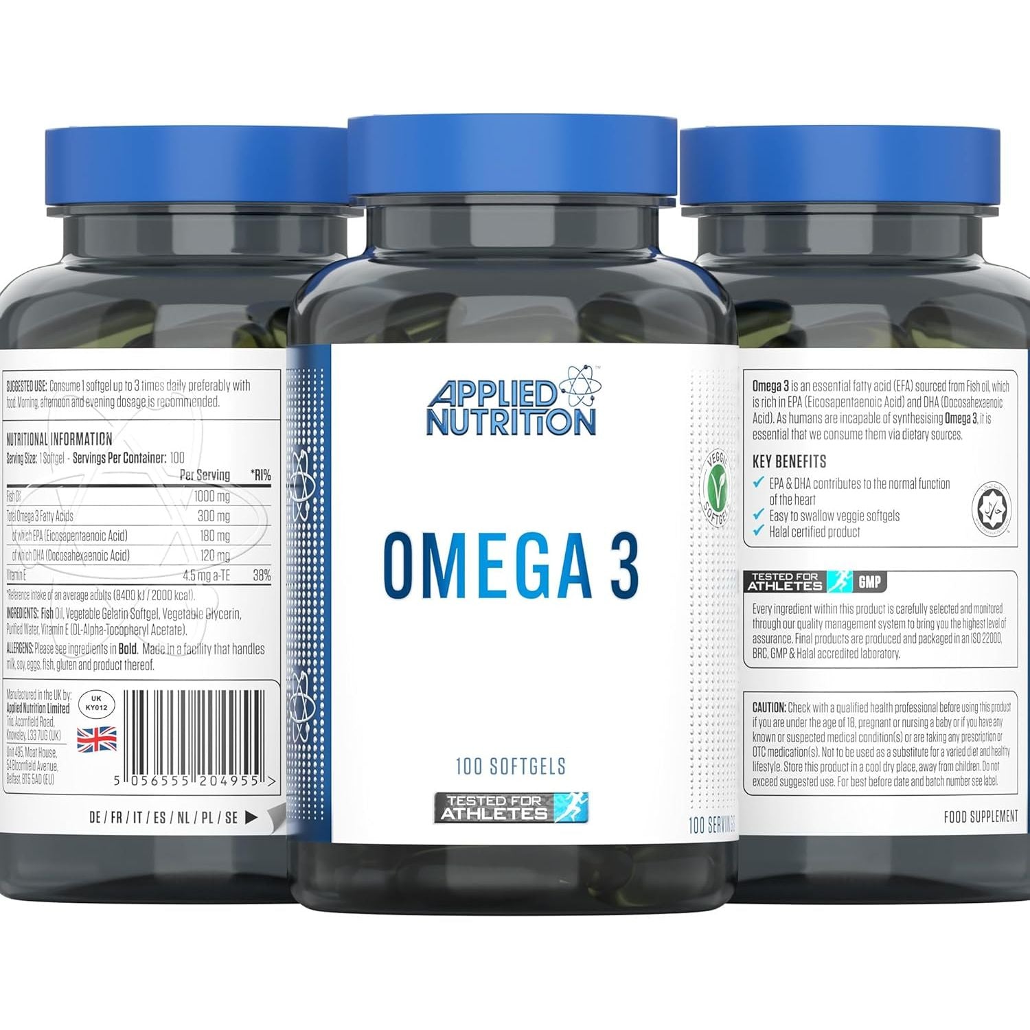 Applied Nutrition Omega 3 - Omega Fish Oil 1000Mg, 180Mg EPA & 120Mg DHA per Softgel, Made in the UK (100 Soft-Gels)
