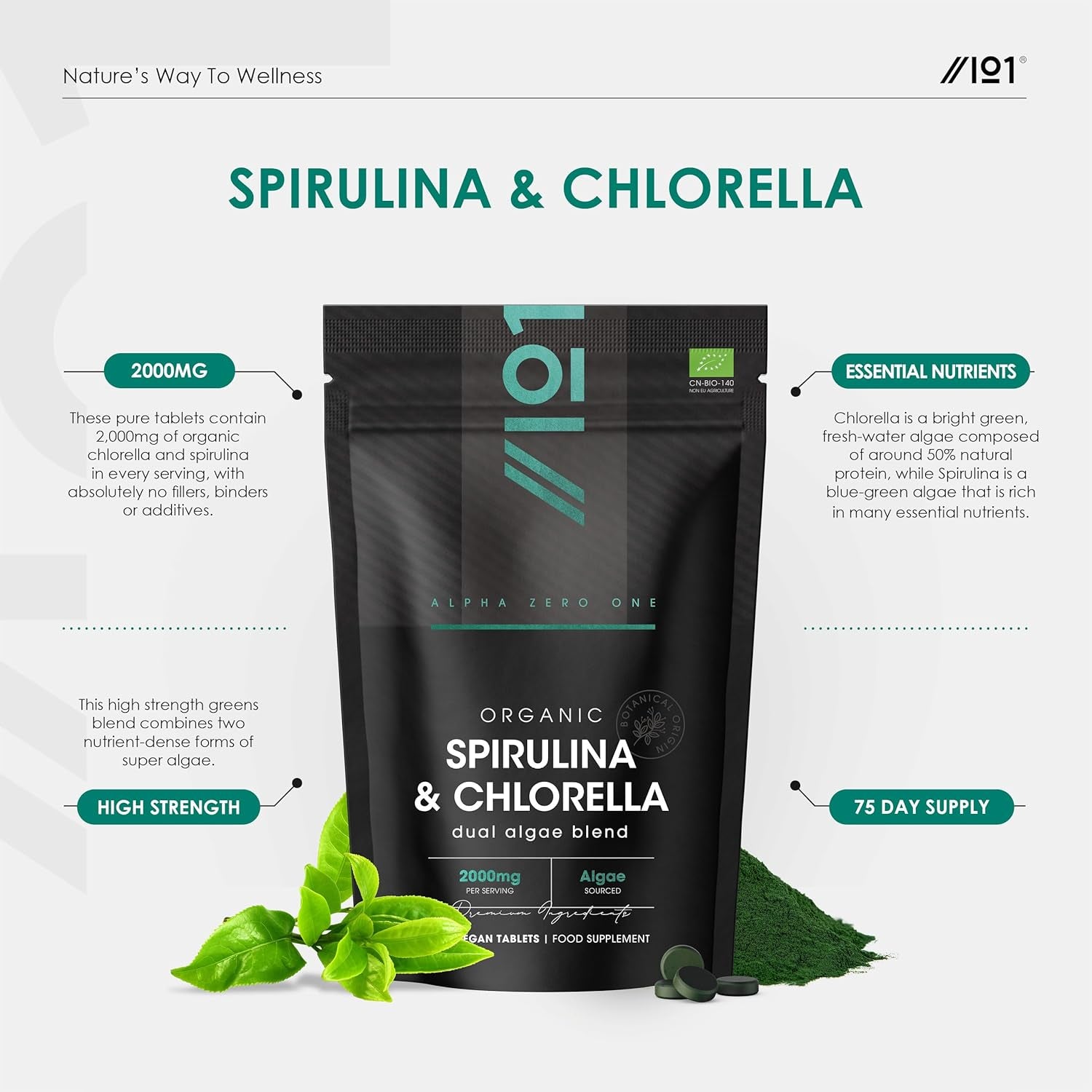Organic Spirulina & Chlorella 2000Mg - 300 Tablets - Broken Cell Wall - Cold Pressed Pure Supplement with No Additives (75 Day Supply) by Alpha01