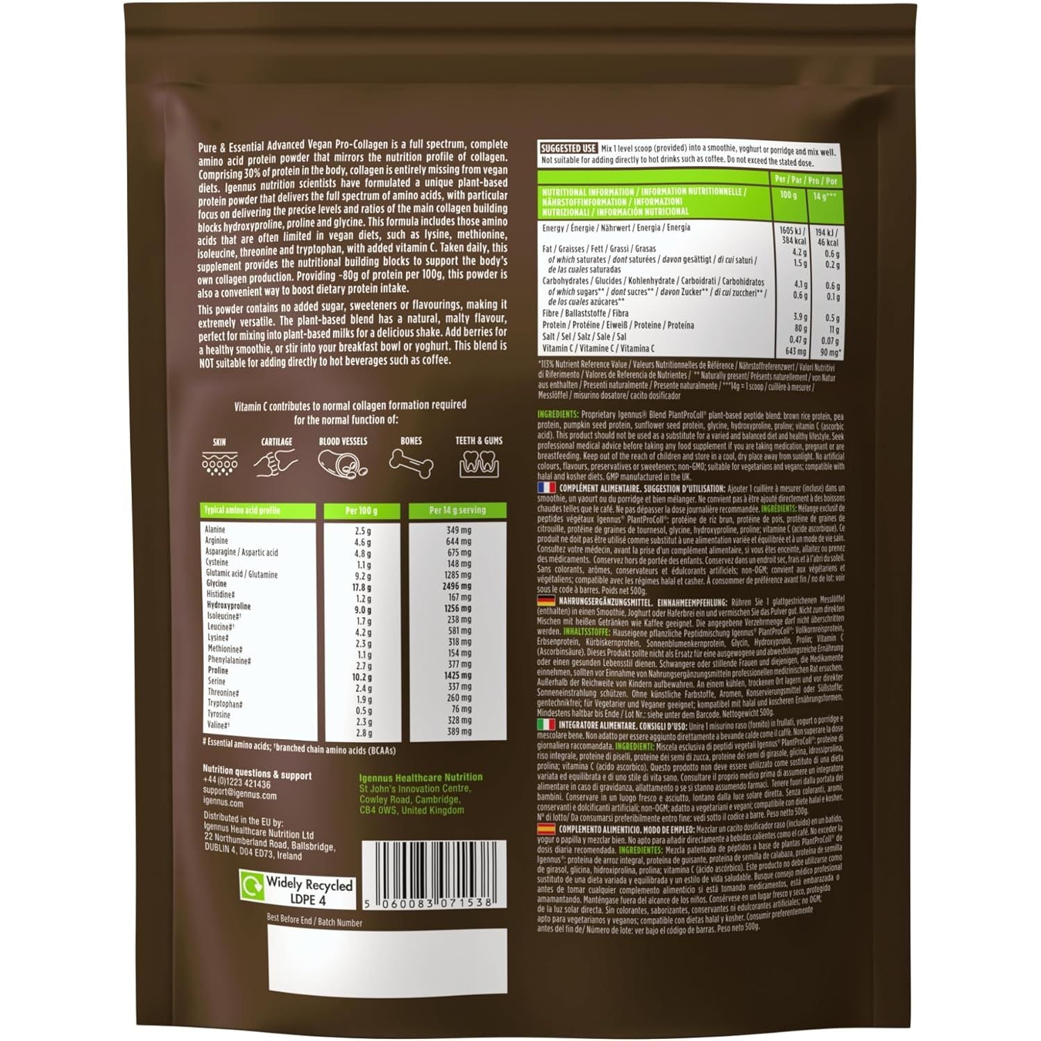 Vegan Pro-Collagen Protein Powder, Plant-Based Peptide Supplement with Glycine, 21 Amino Acids & Vitamin C, Complete Collagen Boosting Formula, Mix into Drinks or Food, 35 Servings, by Igennus