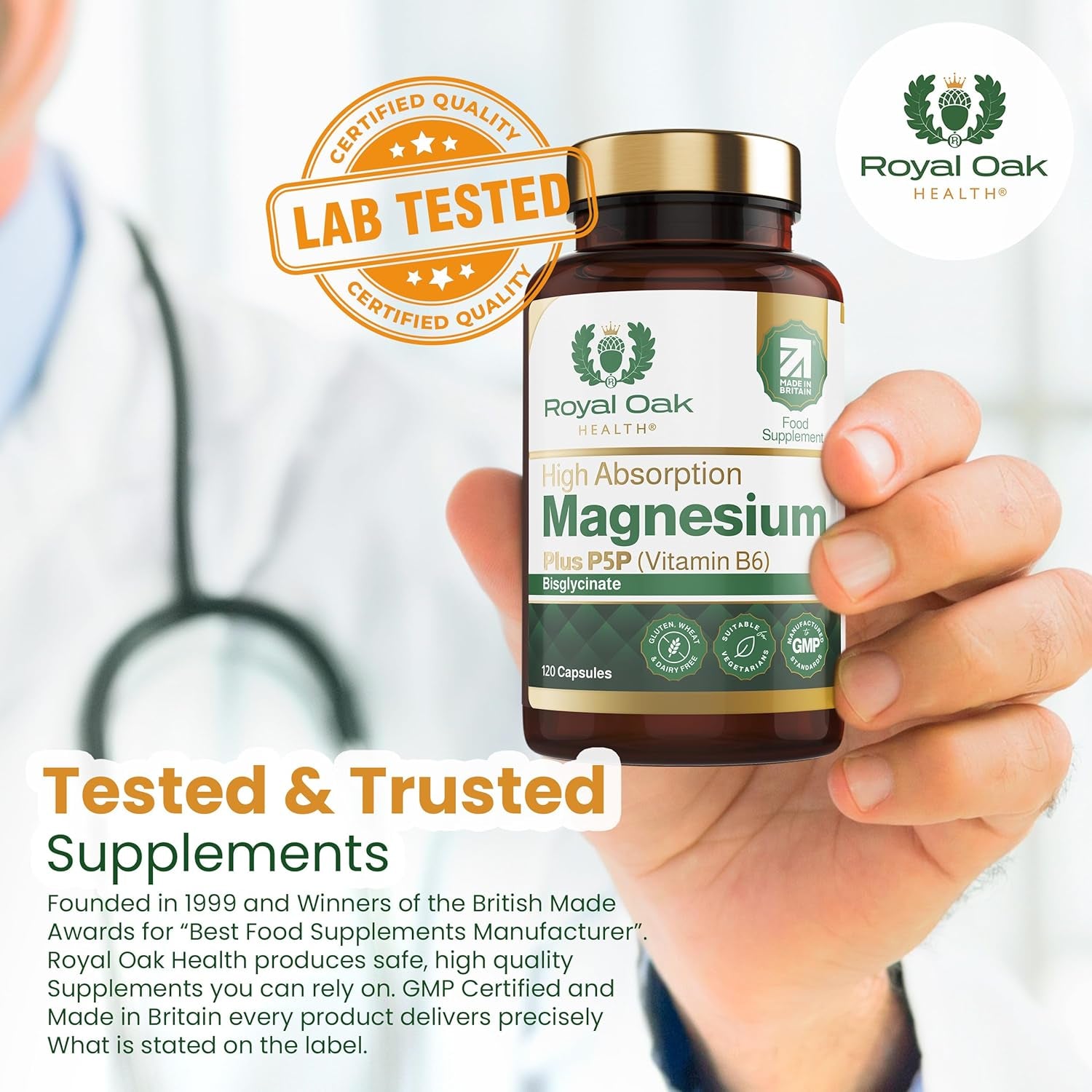Magnesium Bisglycinate 200Mg plus P5P Vitamin B6 X120 Capsules | Advanced Chelated Formula for Optimal Absorption 200Mg of High Strength Elemental Magnesium - Vegan & UK Made by Royal Oak Health