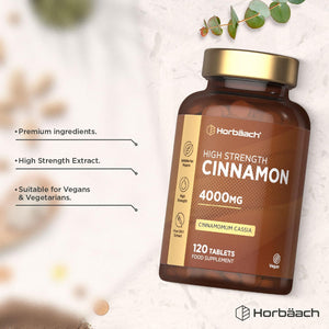 Cinnamon Tablets 4000Mg | Blood Sugar Control | High Strength Cinnamon Extract Supplement | 120 Vegan Tablets | by Horbaach