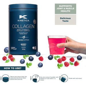 Kinetica Sports Collagen Powder - Berry Flavour | 350G | 5G FORTIGEL Bovine Collagen/Serve, 320Mg Vitamin C, 5Μg Vitamin D, 100Mg Hyaluronic Acid & 500Mg Glucosamine Sulphate | Joint & Muscle Support