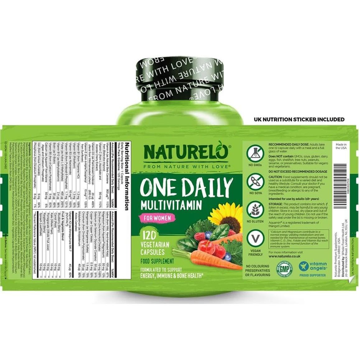 Women'S Multivitamins (One a Day) | 30 Essential Vitamins, Minerals, Fruit & Veg Extracts | Bio-Available, Gluten-Free, Clean-Label, No Tablets | 120 Capsules (4 Month Supply) | NATURELO