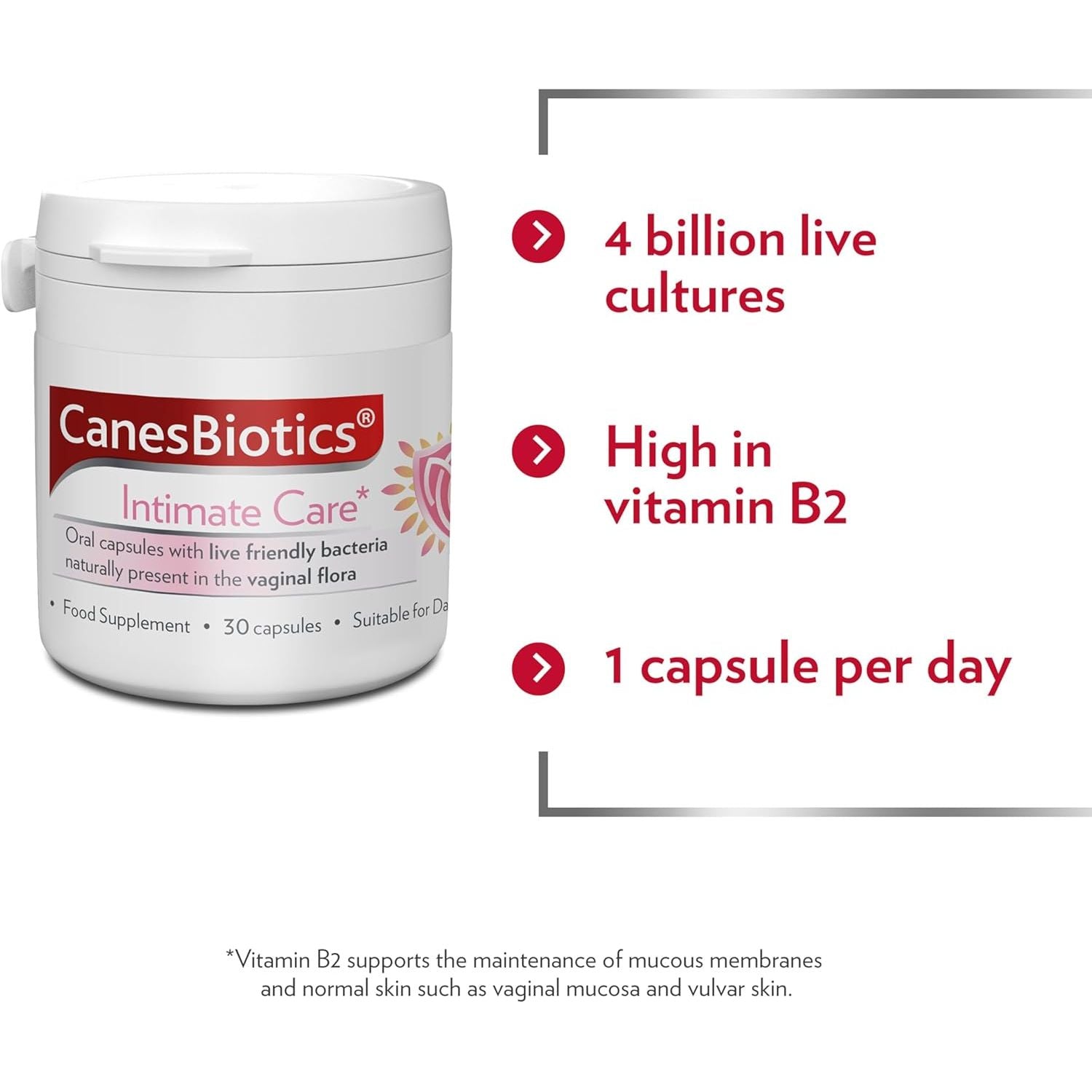 Canesten Canesbiotics, Oral Capsules with Live Friendly Bacteria Naturally Present in the Vaginal Flora, 4 Billion Live Cultures, Vitamin B2, Food Supplement, 30 Capsules