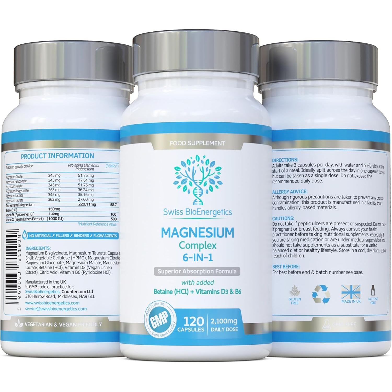 Magnesium Complex 6-In-1 | Max Absorption Formula 2100Mg of Magnesium Bisglycinate, Magnesium Taurate, Magnesium Citrate, Magnesium Gluconate, Magnesium Malate, Magnesium Lactate, Vegan UK Made