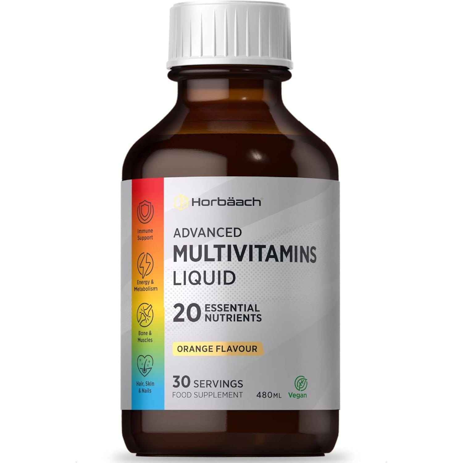 Multivitamin Liquid for Adults | 480Ml (30 Servings) | Orange Flavour | 20 Essential Nutrients for Overall Wellness | Vegan Food Supplement | by Horbaach