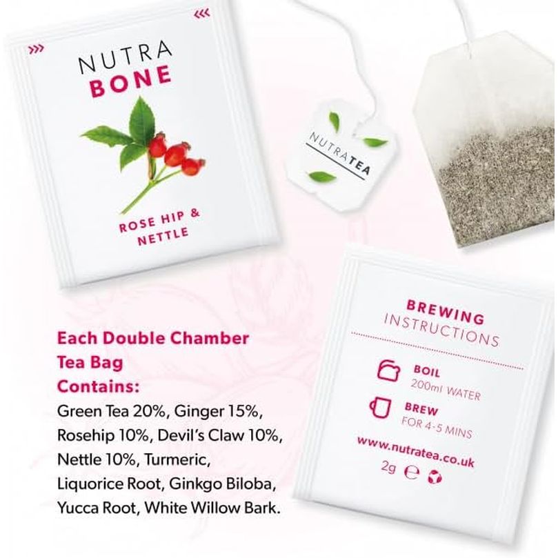 NUTRABONE - Bone Health Herbal Tea | Bone Strength Tea - Helps Maintain Bone Density & Joint Care with Ginkgo Biloba, Rosehip & Devil'S Claw - 20 Enveloped Tea Bags - by Nutra Tea