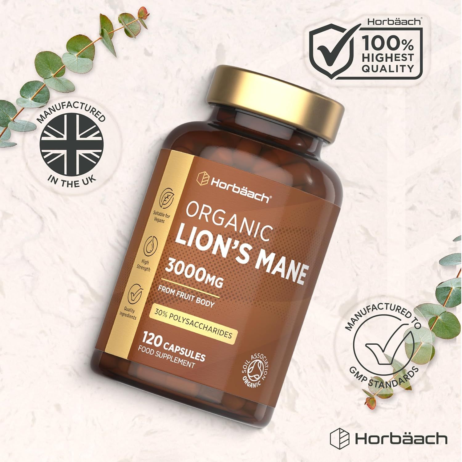 Organic Lions Mane Supplement 3000Mg | High Strength | Certified Organic by the Soil Association | Mushroom Fruiting Bodies Extract | 120 Vegan Capsules | by Horbaach