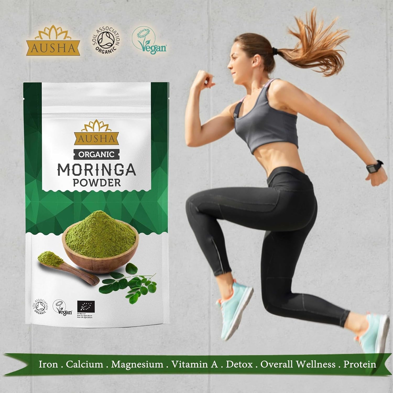 Ausha Organic Moringa Powder 100 G - UK Certified Organic by Soil Association - Oleifera Leaf - Source of Protein, Amino Acids, Antioxidants, Dietary Fibre, Vitamins & Minerals