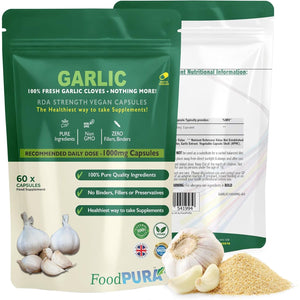 Foodpura 60 X Pure Garlic Capsules Recommended Daily Strength 1000Mg - Capsules Are the SAFEST Way to Take Any Supplement! HACCP Certified, Manufactured in the UK.