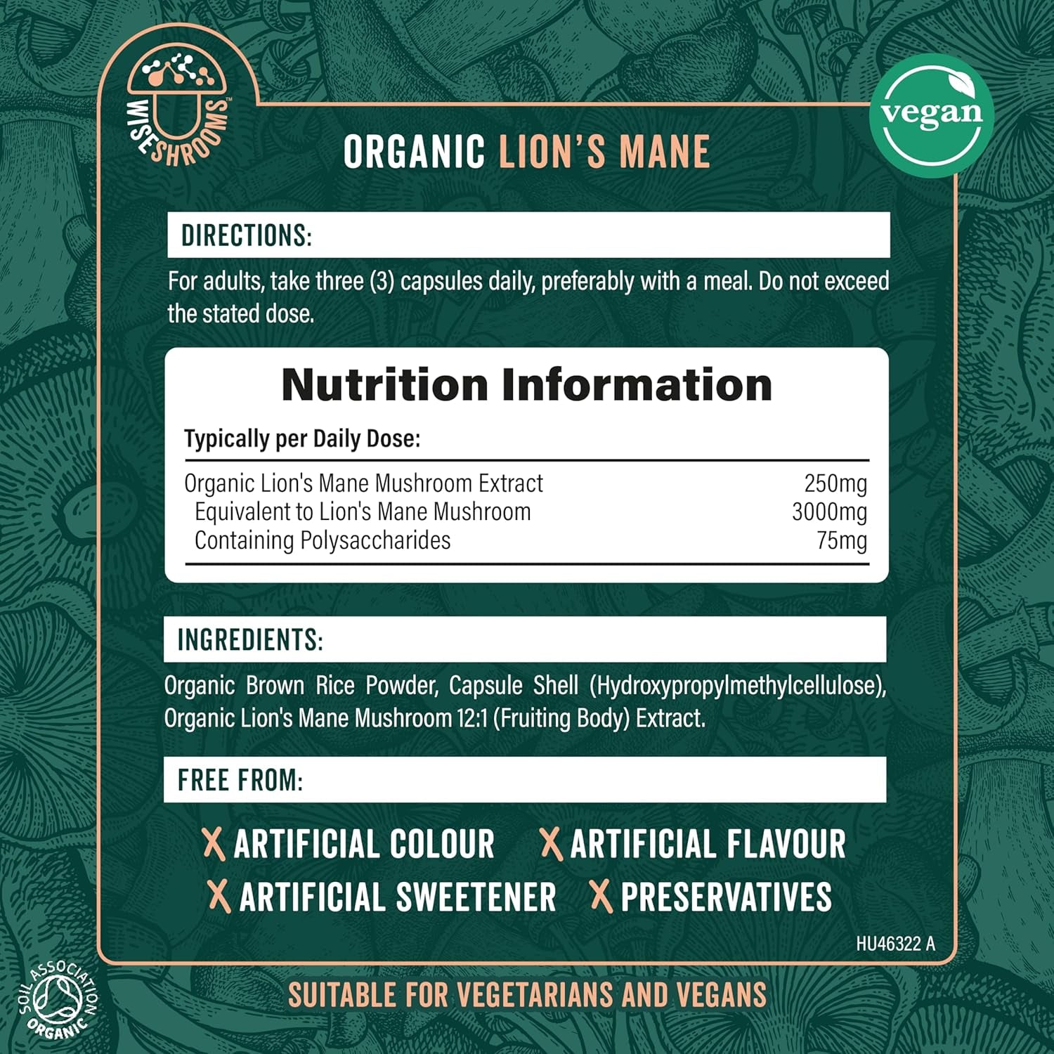 Organic Lions Mane Supplement 3000Mg | High Strength Mushroom Supplement | from Fruit Body | 90 Vegan Capsules | by Wiseshrooms