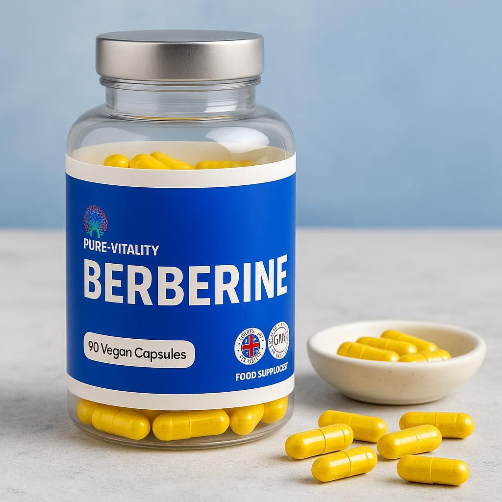 Pure Vitality: Berberine HCL 90 Capsules 500Mg - 98% Purity - UK GMP Certified Manufacturer, Yellow