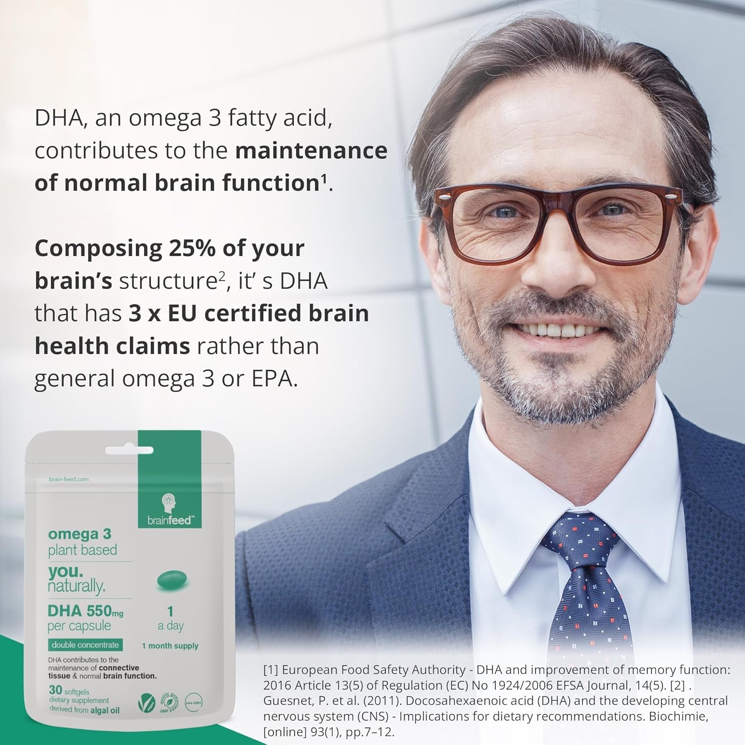 Omega 3 DHA 550Mg per Capsule for Brain & Eye Health (60) | 1-A-Day | Vegan Omega 3 Algae Oil | High DHA Supplements | Double Concentrated Algae Omega 3 Vegan DHA | 2 Month Supply