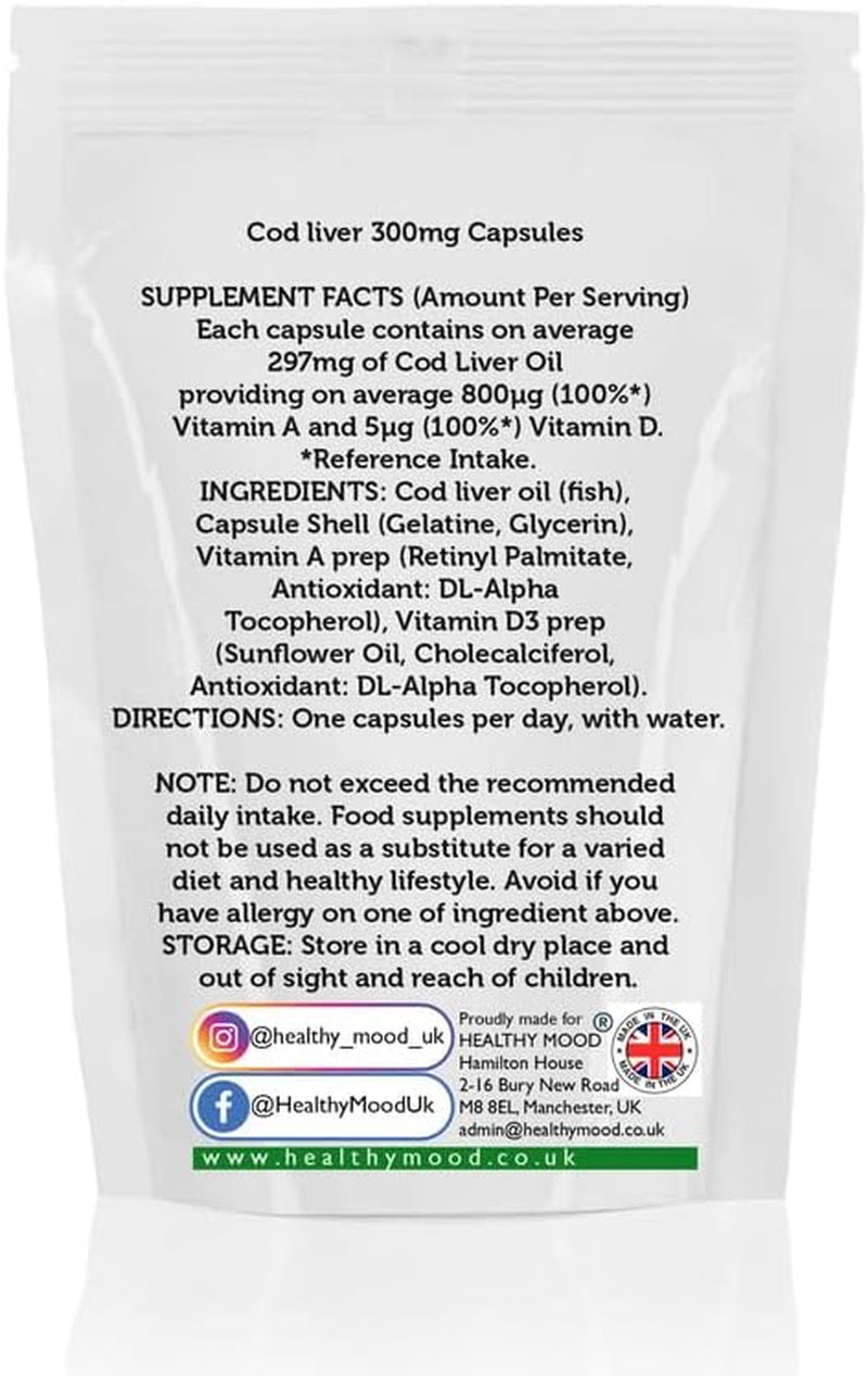Cod Liver Oil 300Mg High Strength Cod Capsules: Vitamin A, D3, Omega 3 EPA DHA Fish Oil - Uk-Made Health Supplements