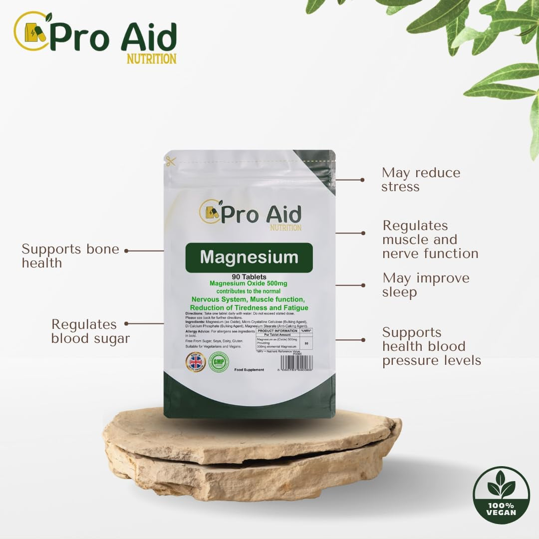 Magnesium 500Mg Tablets 90 Pack by Proaid | Vegan & Vegetarian | 3 Months Supply | Made in UK | Easy to Swallow 11Mm Tablets