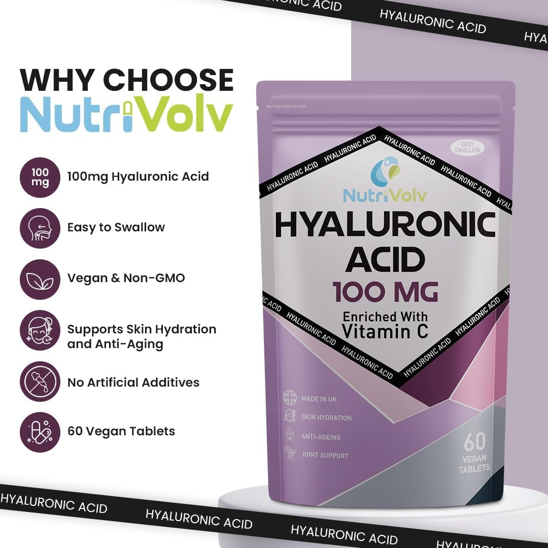 Hyaluronic Acid 100Mg & Vitamin C | 60 Tablets | Vegan | for Men & Women | Healthy Skin Bones anti Ageing | by Nutrivolv