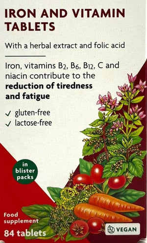 Flora Iron and Vitamin Supplement, Gluten-Free, Lactose-Free - 84 Vegan Tablets (Pack of 2) 168 in Total