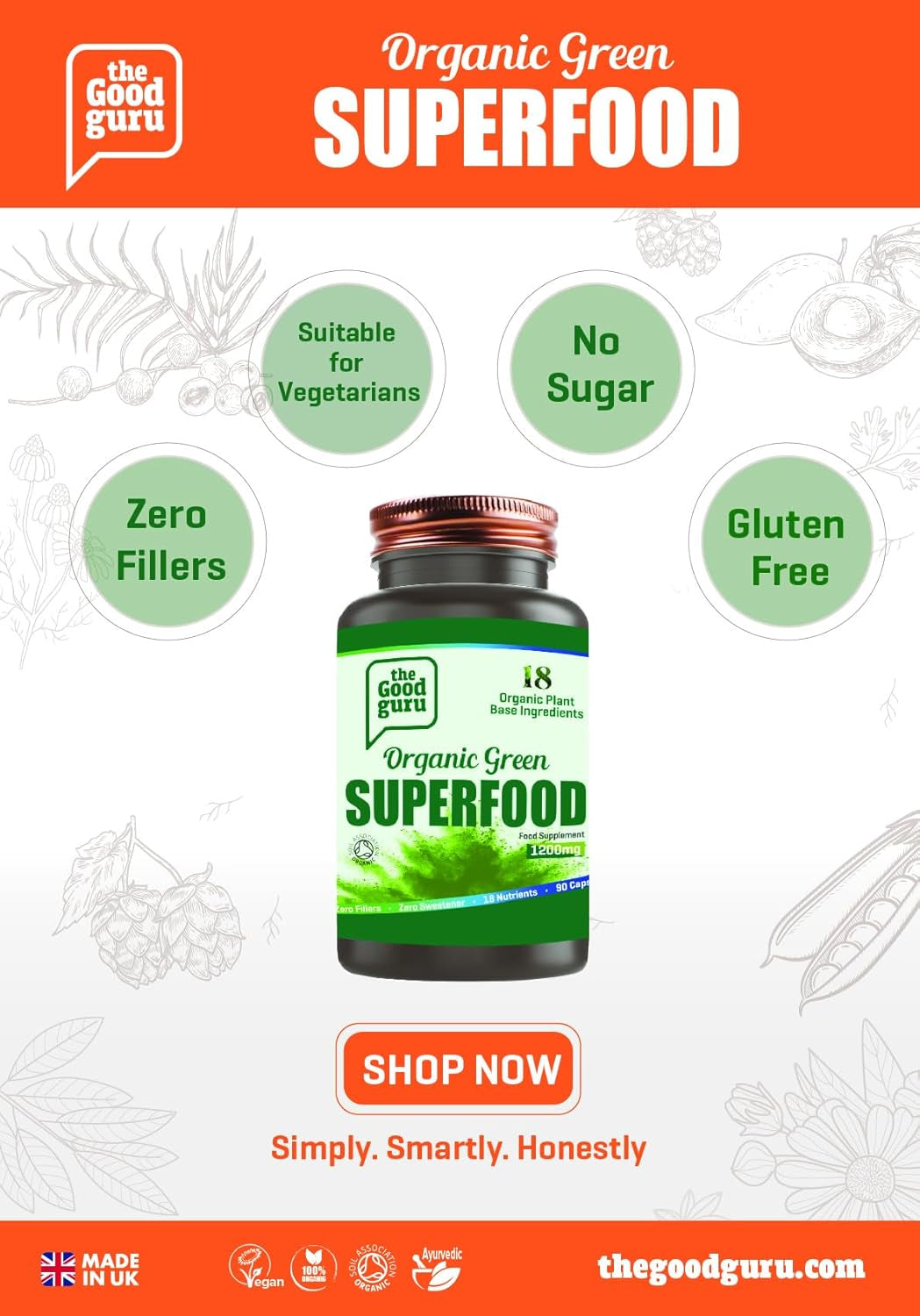 The Good Guru Organic Green Superfood Supplement Capsules - 90 Capsules with 18 Nutritious Ingredients
