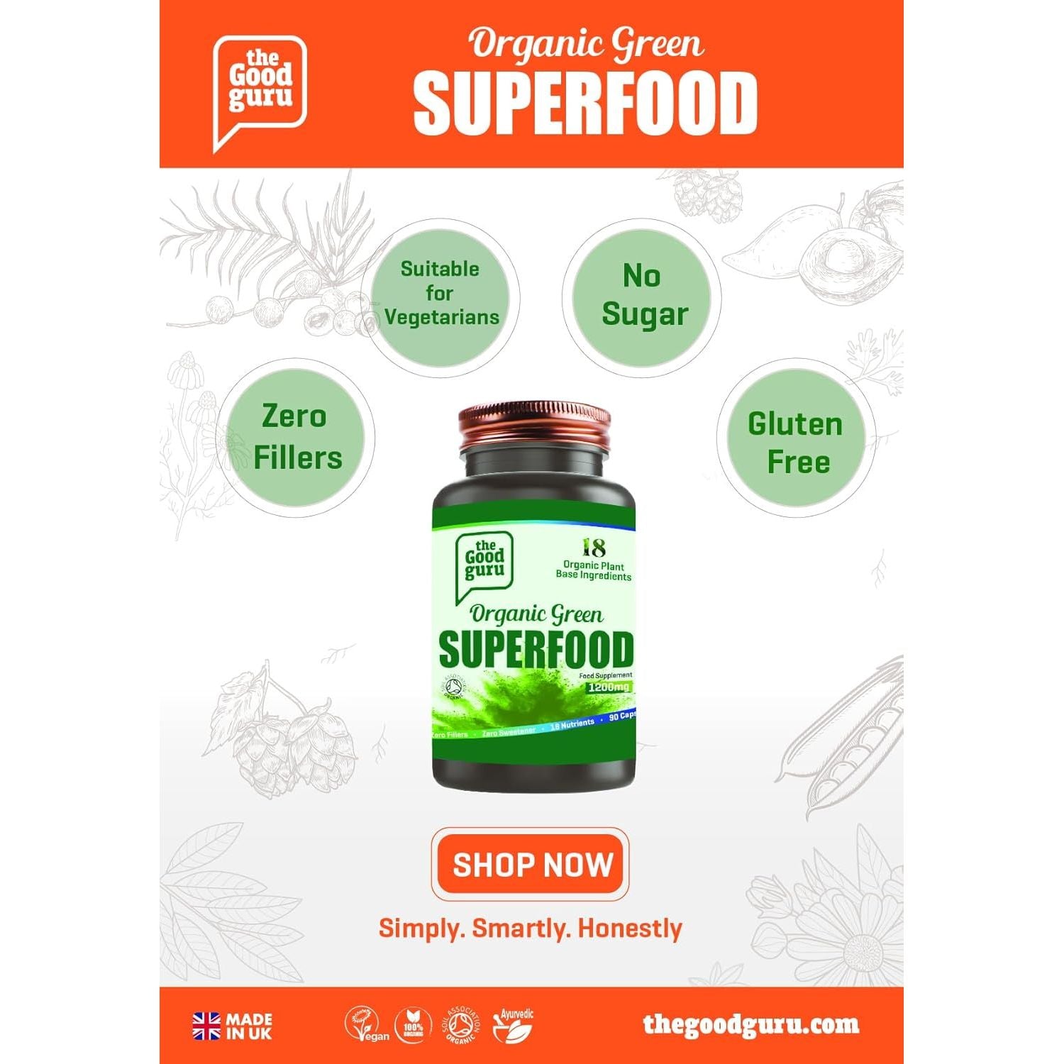 The Good Guru Organic Green Superfood Supplement Capsules - 90 Capsules with 18 Nutritious Ingredients