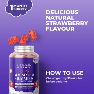 Kids Magnesium Gummies – Chewable, Sugar-Free & Vegan | 1029Mg Magnesium Citrate, Providing 113Mg Magnesiums to Support Calm Mind & Strong Bones for Kids 3+ | 1 Month Supply | Strawberry Flavour