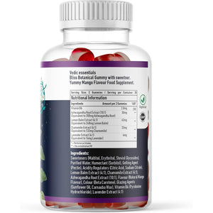 Vedic Bliss Gummies- Stress, Mood, Focus | Sugar Free Ashwagandha Gummies with Chamomile, Lemon Balm, Lavender, VIT B6 | Stress & Anxiety Gummy | High Strength Ashwagandha, Vegan, Yummy Mango Flavor