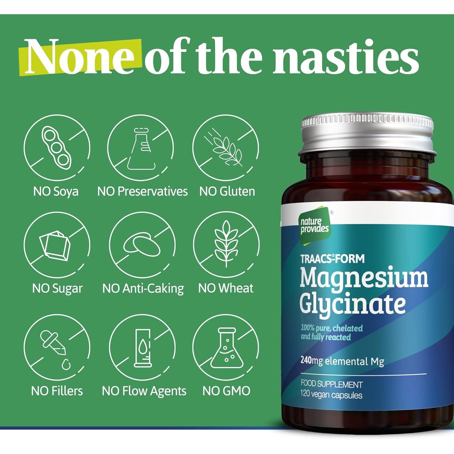 Magnesium Glycinate TRAACS (Bisglycinate) 240Mg - 120 Vegan Capsules, 100% Pure, No Fillers/Buffers, Chelated, Highly Bioavailable, Muscle & Sleep Support, Stress Relief, UK Made by Nature Provides