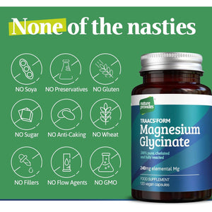 Magnesium Glycinate TRAACS (Bisglycinate) 240Mg - 120 Vegan Capsules, 100% Pure, No Fillers/Buffers, Chelated, Highly Bioavailable, Muscle & Sleep Support, Stress Relief, UK Made by Nature Provides