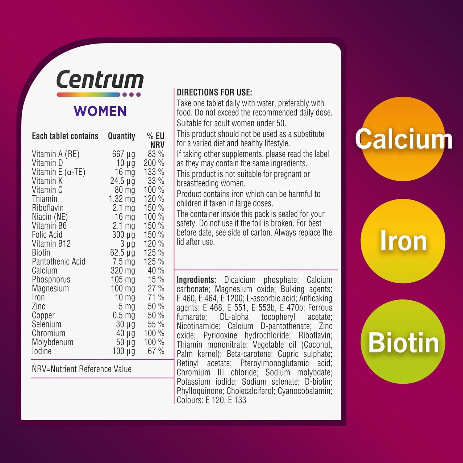 Centrum Women Tablets Multivitamin & Mineral Supplements, with 23 Essential Nutrients Including Vitamin D, C, and Iron, 30 Ct