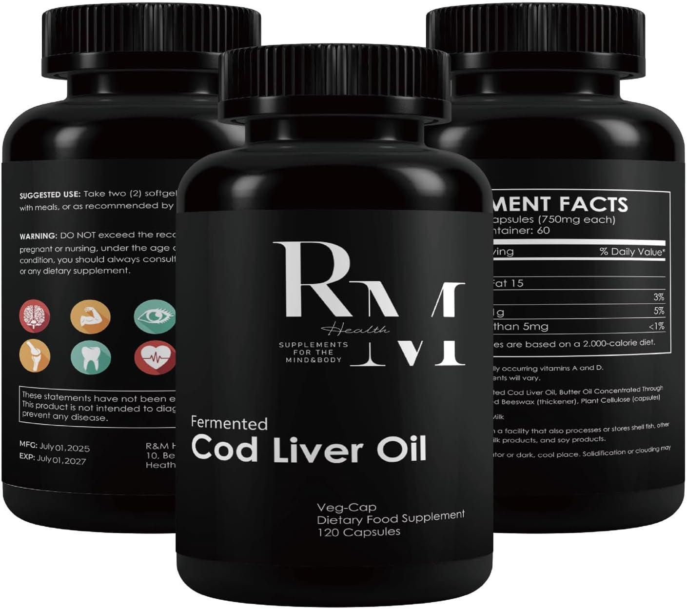 R&M Health Alaskan Fermented Cod Liver Oil and Concentrated Butter Oil Capsules - 120 per Bottle (Unflavoured). Rich in Vitamin a and D, Omega 3 Supplement 180 Ml