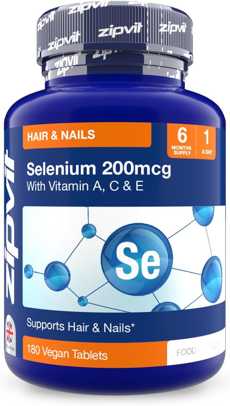Zipvit Selenium 200Mcg with Vitamins A, C, E. 180 Vegan Tablets. Supports Normal Thyroid, Skin, Hair & Nails, Immune System, and Antioxidant Protection. 6 Month Supply.
