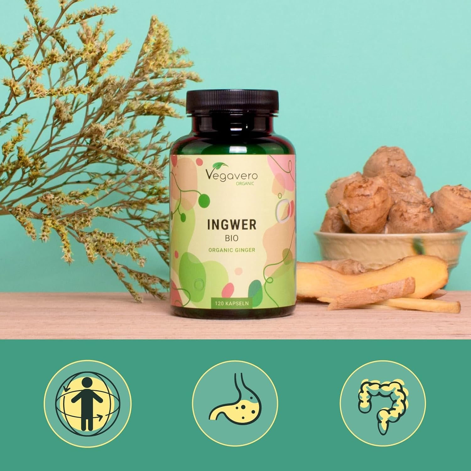 Vegavero Organic Ginger Capsules | 650 Mg Root Powder | NO Additives | Lab-Tested | 120 Units | Vegan
