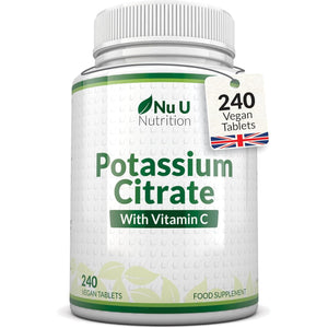 Potassium Supplement High Strength 1550Mg & Vitamin C - 240 Vegan Tablets - 4 Month Supply - Potassium Citrate for Natural Electrolytes Support - Made in the UK - Nu U Nutrition