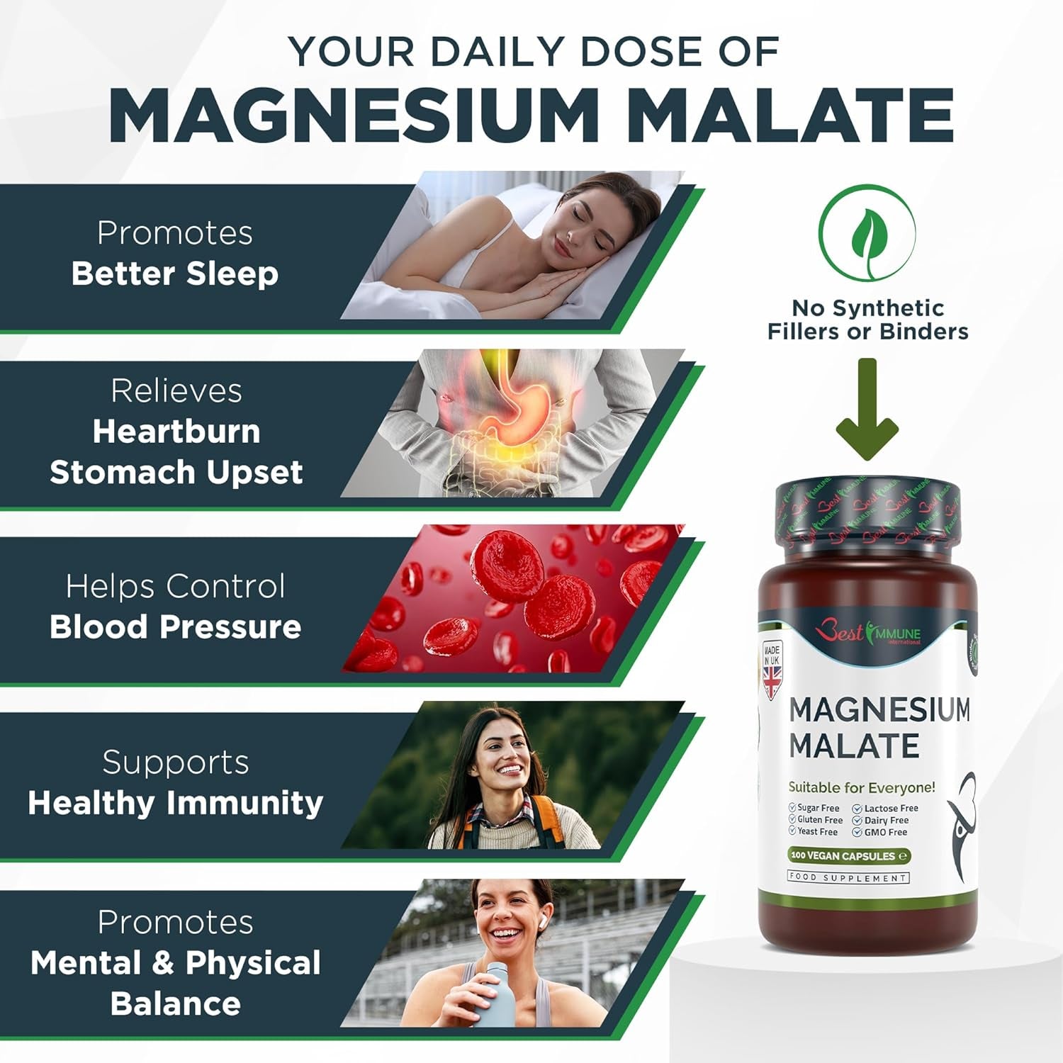 Best Immune, Magnesium Malate 500Mg – High Strength Supplement for Absorption and Energy Support – 100 Vegan Capsules