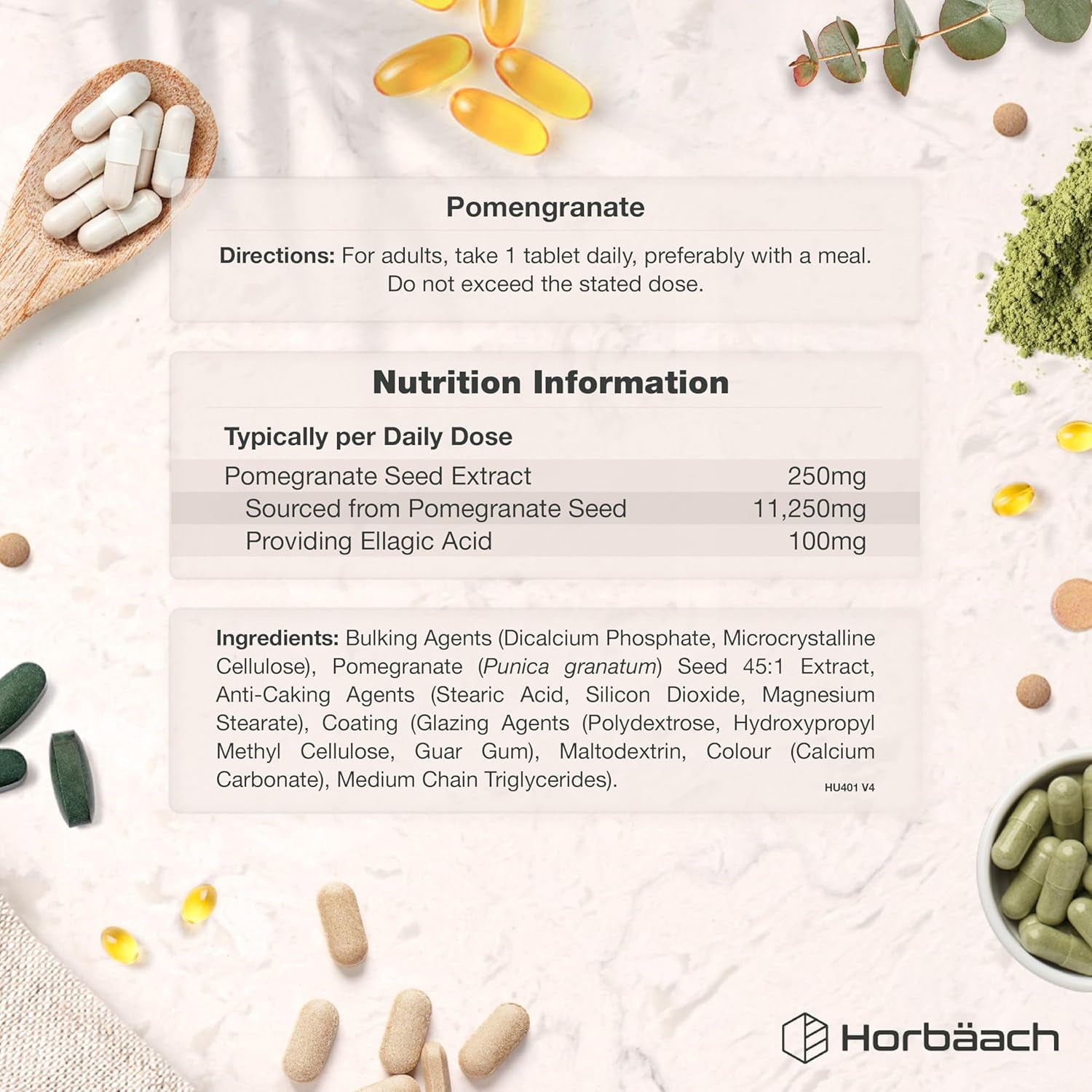Pomegranate Extract 11,250Mg | 120 Tablets (4 Month Supply) | High Strength Vegan Supplement with 100Mg of Ellagic Acid | 45:1 Extract Formula | by Horbaach