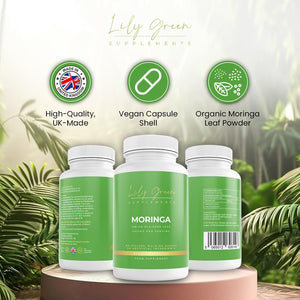 Lily Green Organic Moringa Capsules | 1500Mg per Serving Amino Acid Supplements | Rich in Vitamins, Calcium, Iron, Potassium & Antioxidants | No Artificial Additives | 90 Vegan Capsules | Made in UK