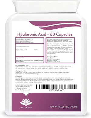 Hyaluronic Acid Supplements 100Mg Capsules | Supports Healthy Connective Tissue and Joints | Natural Moisturiser for Radiant Skin | 60 Hyaluronic Acid Capsules | Vegan Friendly - Made in the UK